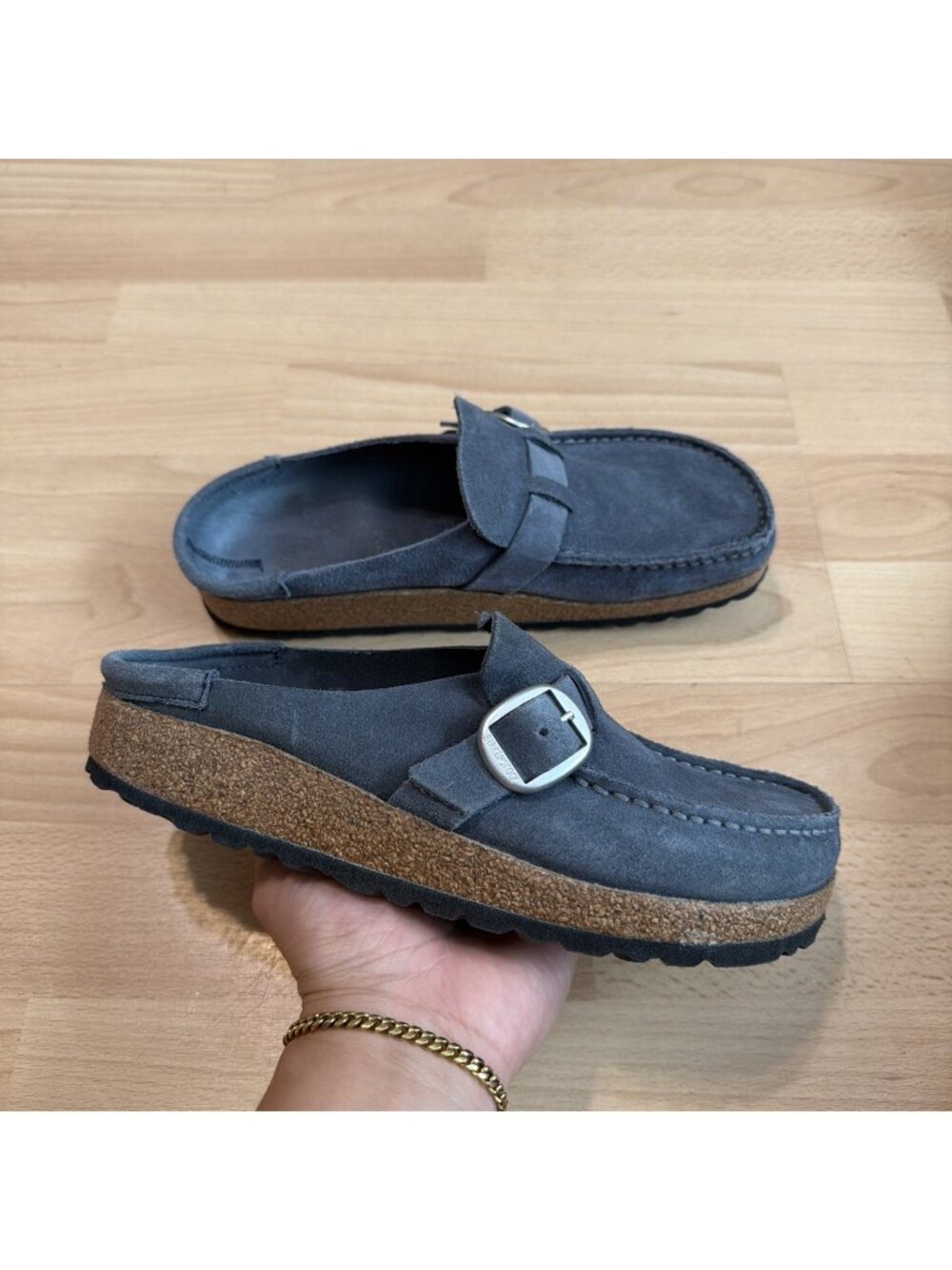 Birkenstock Cognac Blue Suede Leather Buckley Clog Womens Size 38 7 Narrow $155 - Picture 1 of 9